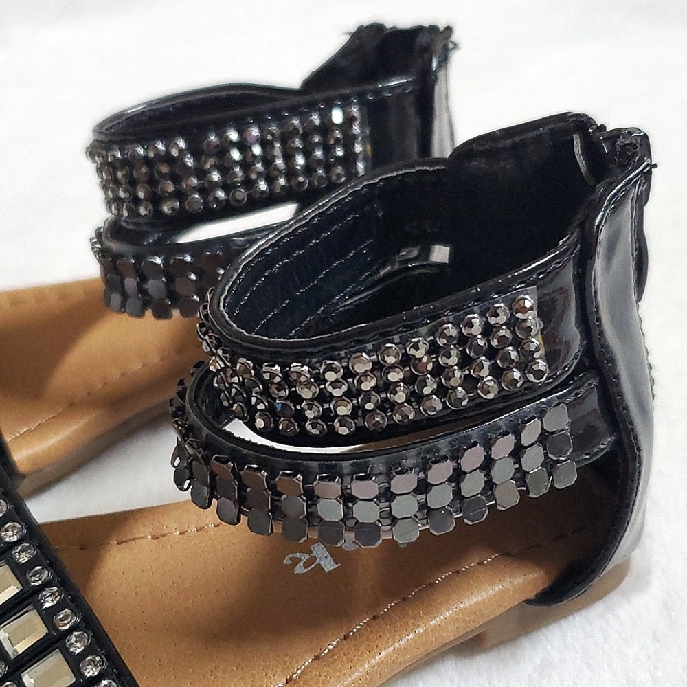 Black Rhinestone & Metal Zip Back Sandals Baby Girl Size 5 Shoes - Picture 6 of 11